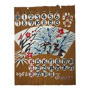 Vintage Japanese Hand Stenciled Wall Art Calendar Print January